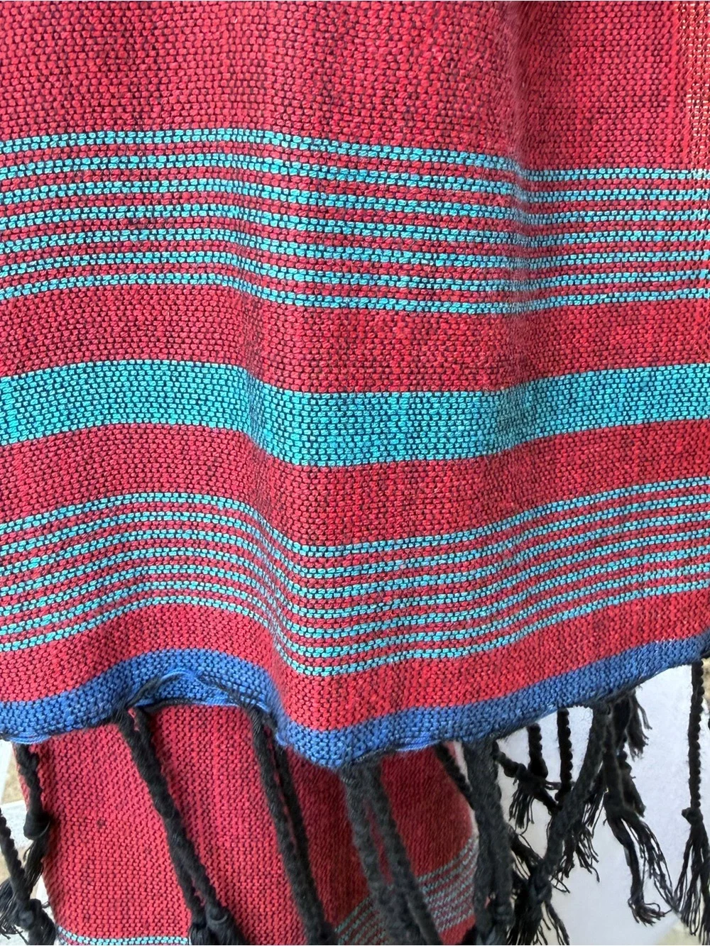 Teal Burgundy shawl Color Block Tassels Art to Wear Woven 64.5x28.5” long & Wide